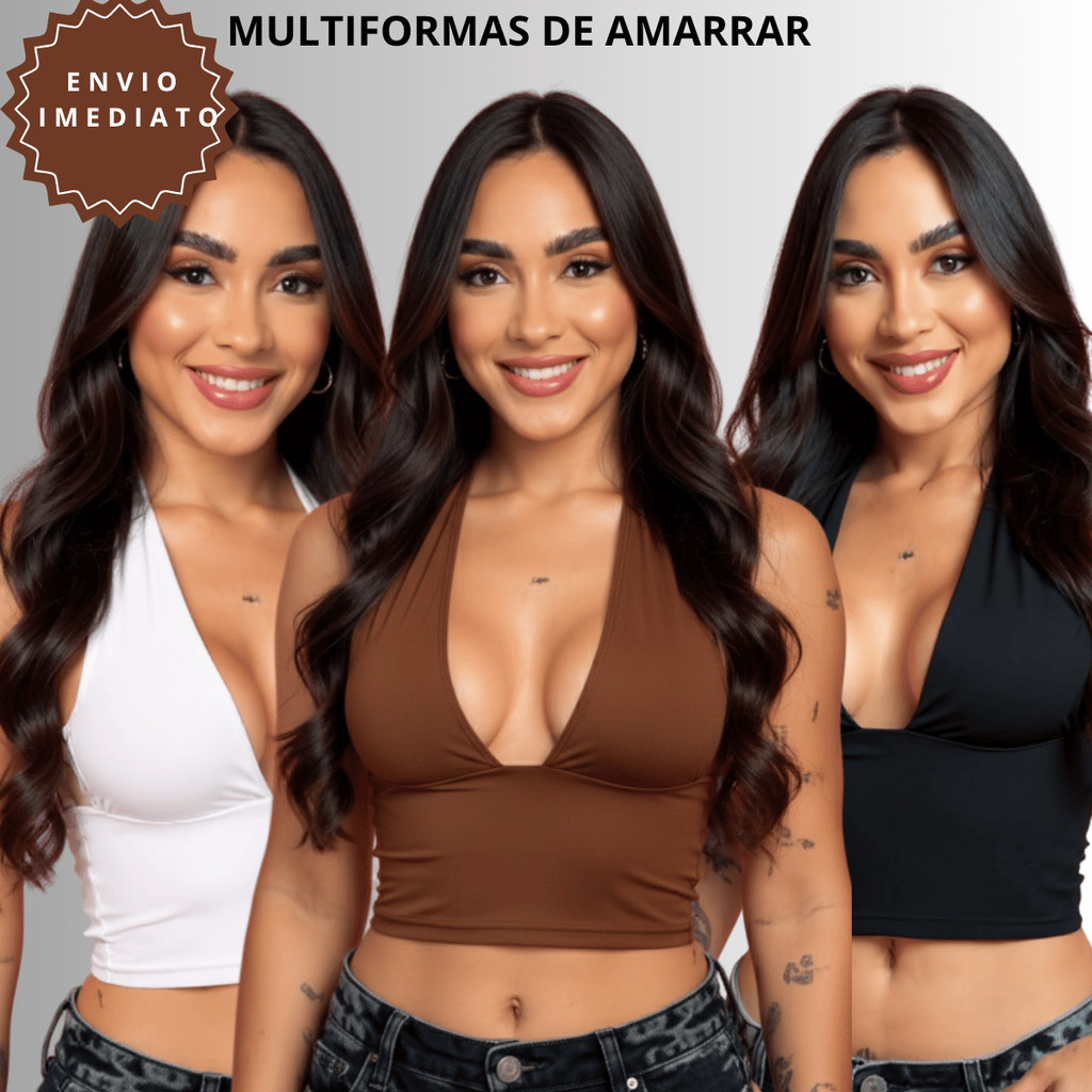 Kit 3 Top Blusas Cropped Com Amarraçao Multiformas Decote Forado Festa Moda Gringa Decotado Suplex Sexy Sustentaçao