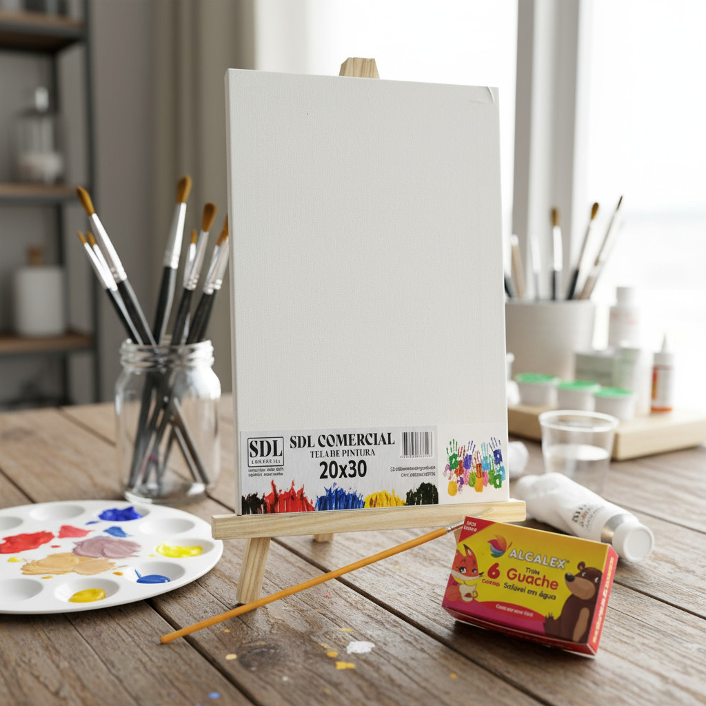 Cavalete 23x35 cm + Tela 20x30 cm + 1 Pincel + 6 Tintas para Escolas e Artes