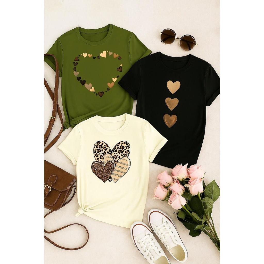 Kit 3 Blusas Femininas 100% Algodão – Confortáveis, Macias, Estampas de Coração, Casual e Moderna