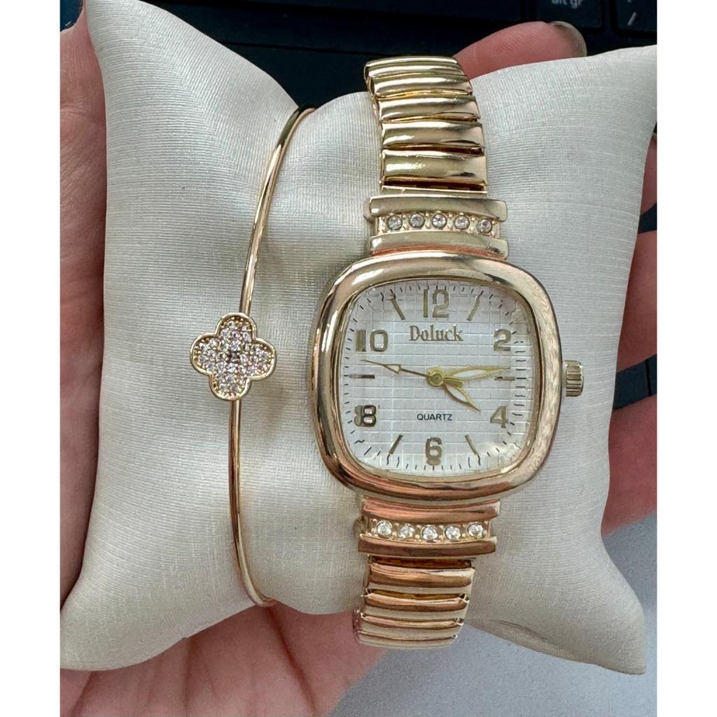 Relógio Feminino Kit Mini Elegance Quadrado com Detalhe Strass