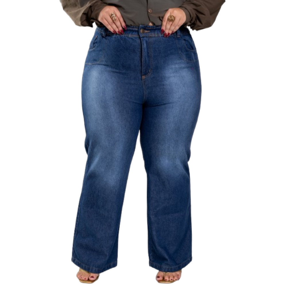 Calça Jeans Feminina Wide Leg Plus Size 48 ao 64 Cintura Alta com Elástico