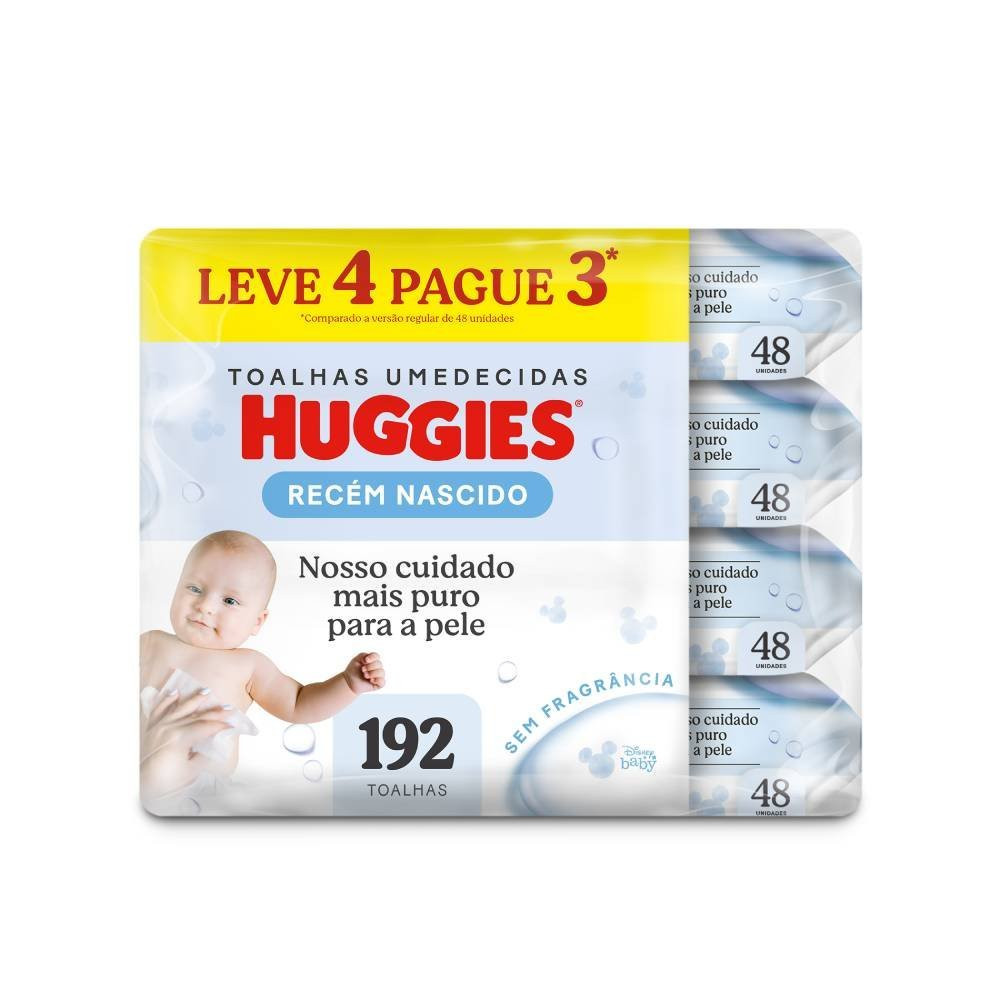 Lenços Umedecidos Huggies Recém-nascido Sem Fragrância Leve 4 Pague 3 - 192 Unidades