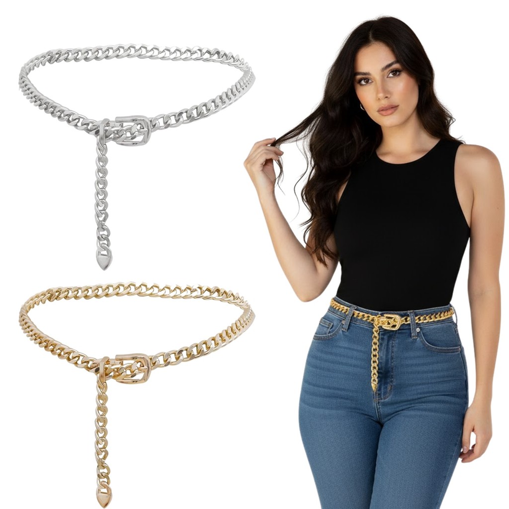 Cinto Feminino Corrente Festa Casual Ajustável Ouro Prata | Cintura Moda Blogueira