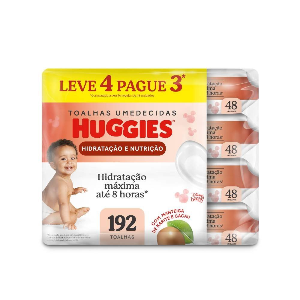 Lenços Umedecidos Huggies Hidratação E Nutrição Contra Assaduras Leve 4 Pague 3 - 192 Unidades