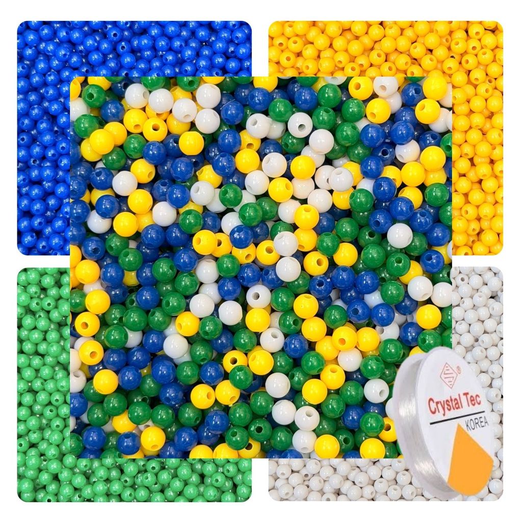 Kit 500 Bolinhas 6mm Cores do Brasil Miçangas Verde Amarelo Azul Branco + Fio de Silicone Artesanato