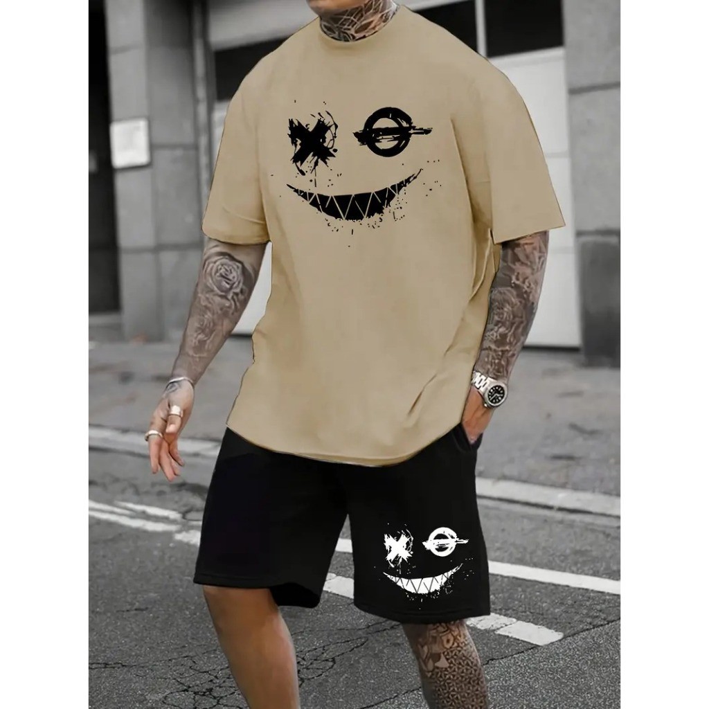 Conjunto Camiseta Camisa T-Shirt Smile X Emoji New Drip Masculina + Bermuda Mole Tactel Short