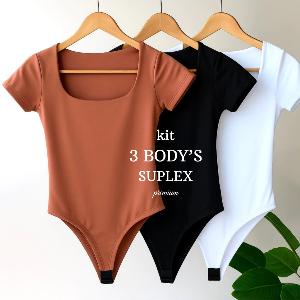 Kit 3 Body Feminino Decote Quadrado Manga Curta Tecido Suplex Moda Blogueira Verão