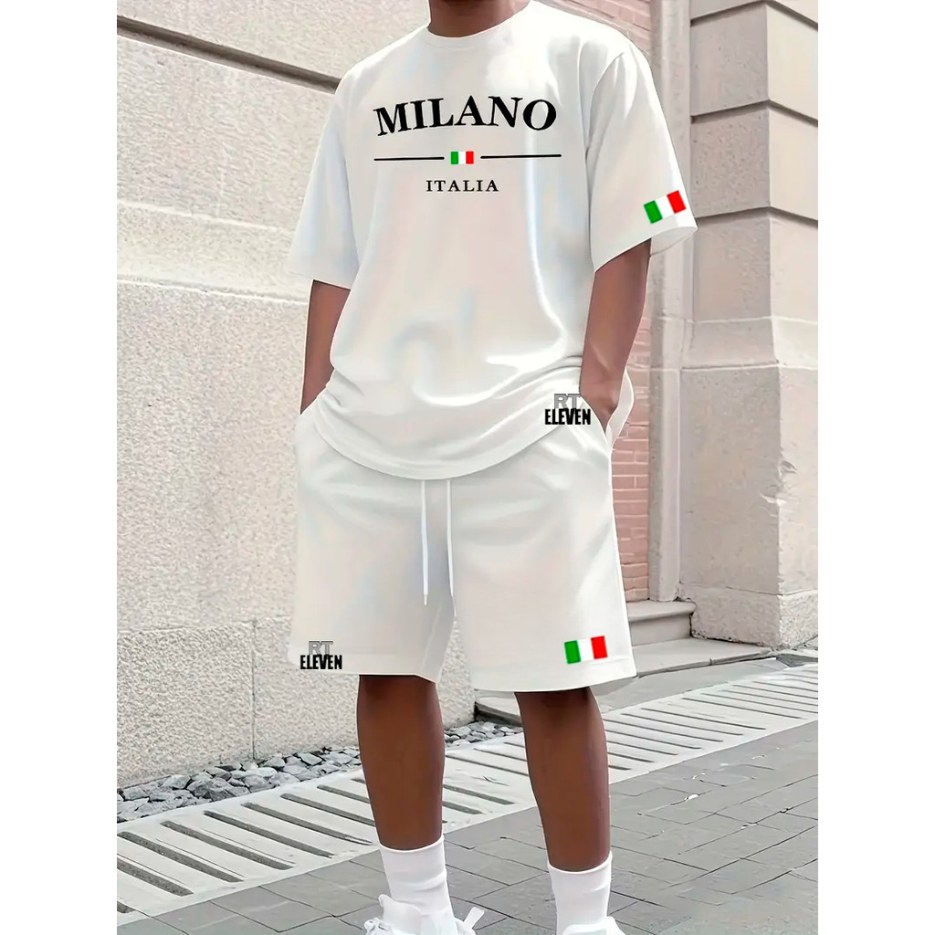 Conjunto Camiseta + Short Moletom Estampado Milano Itália Street Camiseta Malha Linha Premium + Short Mauricinho RT Elev