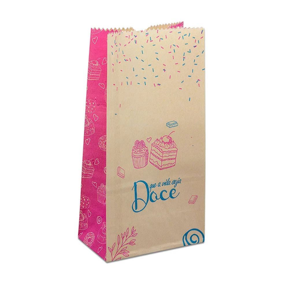 100un Saco Kraft Delivery Doces Rosa PP Pluma