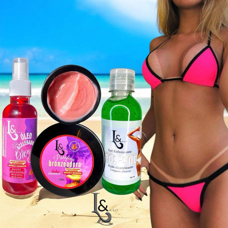 Kit Bronzeador 150ml + Parafina Aceleradora L&Beauty Marquinha De Fita Biquíni +Pós sol Cicatrizante