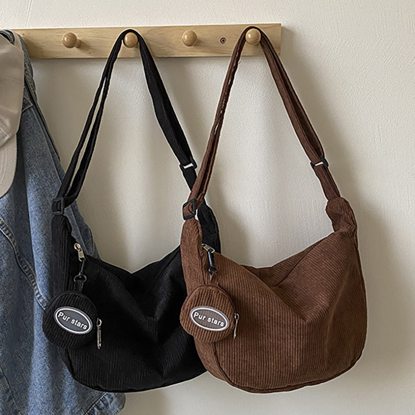【Com porta-moedas】Bolsa De Ombro De Veludo Cotelê Bolsa Transversal De Moda Bolsa De Estudante Bolsa Crescente De Moda