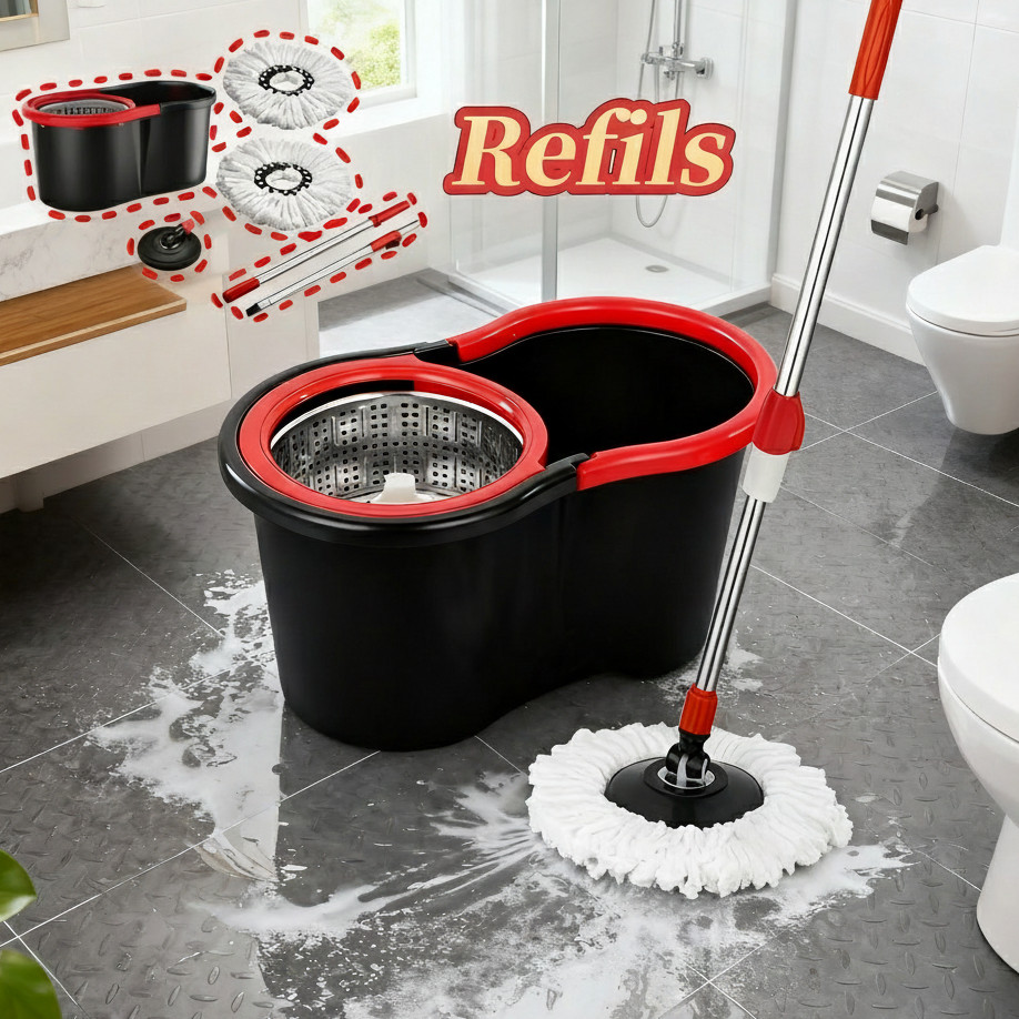Mop de desidratação automático Giratório de 360 graus, com Bucket Cabo Mop|Plástico / aço inoxidável