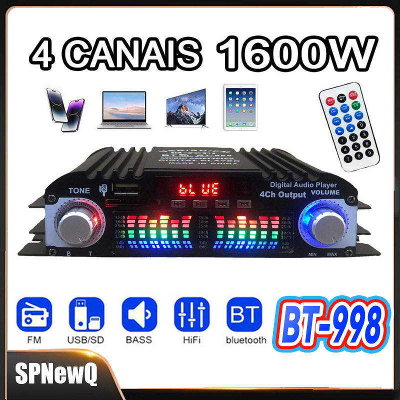 Amplificador De Som Digital Wi-Fi , 12V , 800W , 4 Canais , Áudio , Rádio FM , Bluetooth 5.0 , Karaokê , Suporte Para C