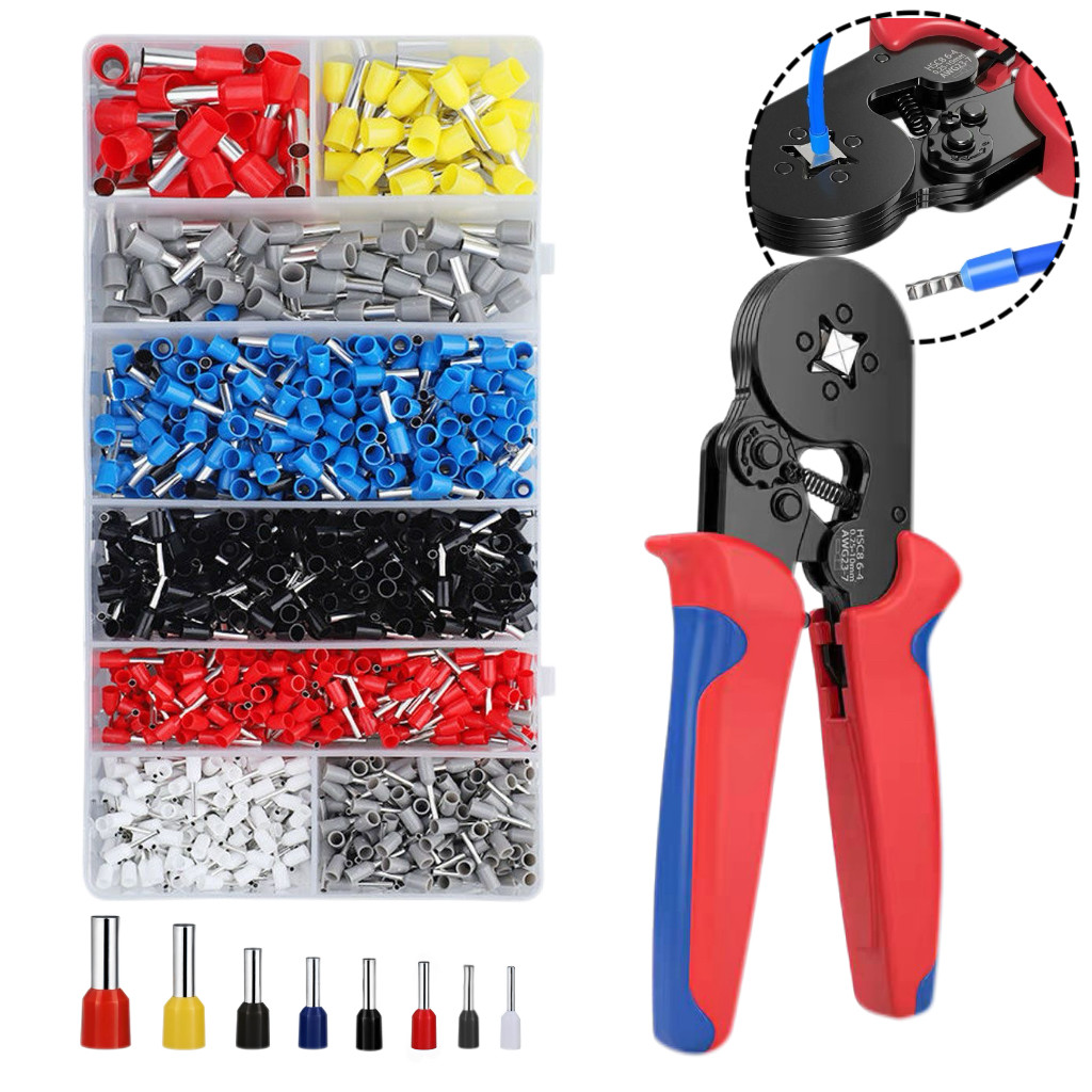 Kit Alicate de Crimpagem Profissional  Terminais Tubulares 0.25 a 10mm² + 1200 Terminais Isolados ou Kit sem Alicates