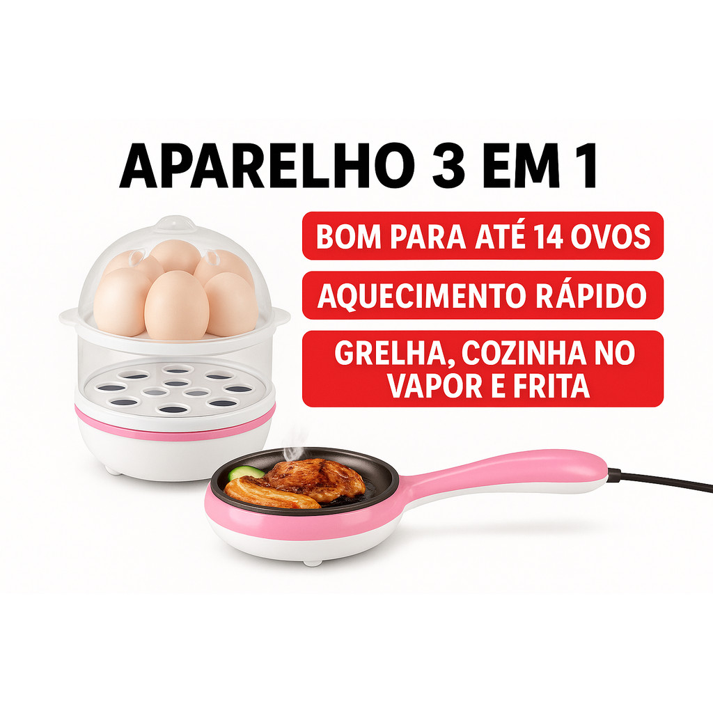 Cozedor de Ovos Elétrico 14 Unidades – Multifuncional, Vapor e Grelha | 110V