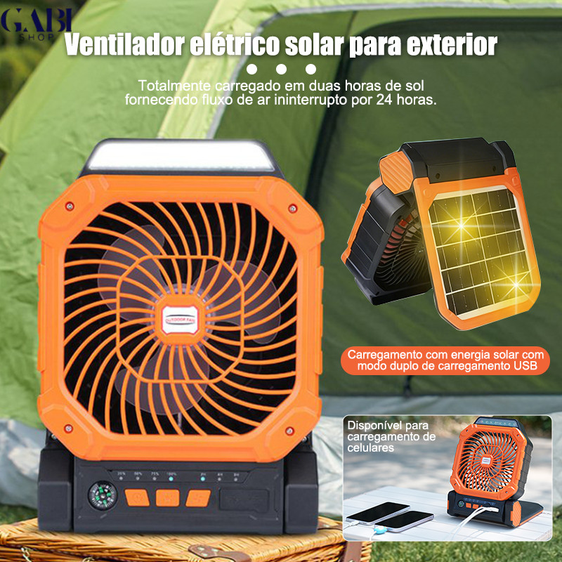 GABI-Ventilador Portátil com Recarga Solar e Power Bank - Fácil de Carregar, Ideal para Acampamentos e Viagens