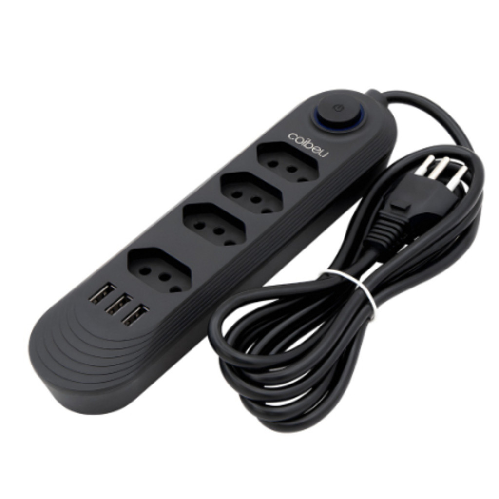 COIBEU Extensão de tomadas 4 tomadas de 3 furos e 3 usb filtro de linha com cabo de 2m Bivolt-Promoção