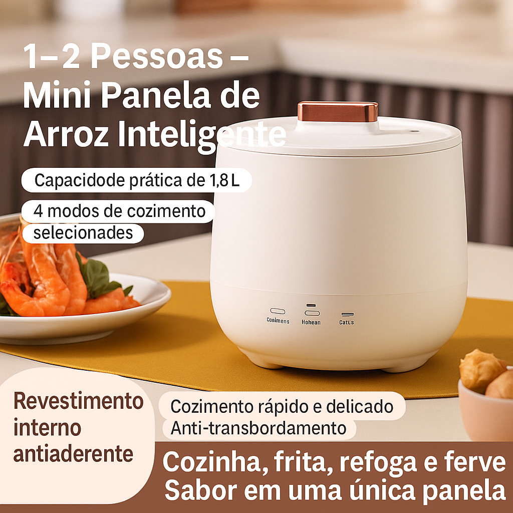 Mini Panela de Arroz Elétrica 1,8L Cerâmica – Antia­derente, Rápida e Portátil – 110V / 220V PREMIUM