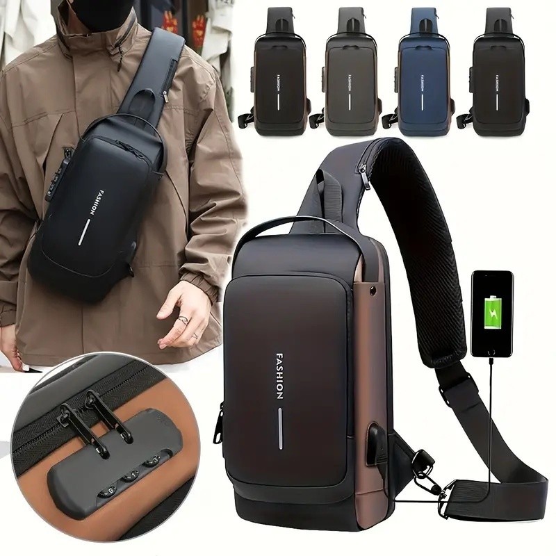 Mochila de Ombro Transversal Compacta Unilateral USB Trava de Código Á prova d'água
