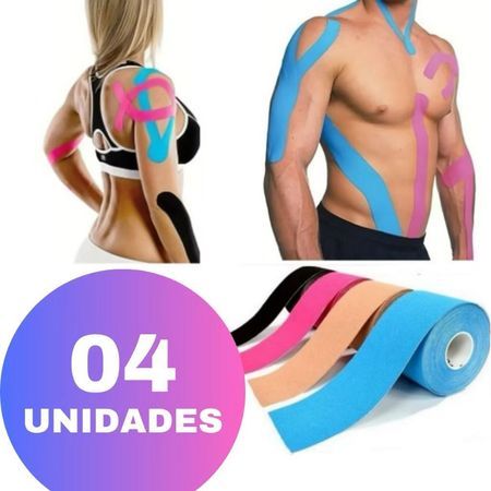 Kit 4 Fita Kinesio Bandagem Elástica 5cmx5m Tape Fisioterapia Adesiva Alivia a Dor Lesão Atleta Respirável e impermeável