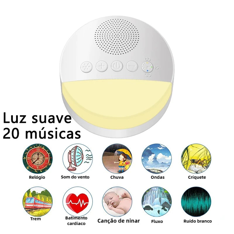 Reprodutor Portátil de Som de Sono para Crianças Música e Ruído Branco Dispositivo Auxiliar de Sono com Música e Luz