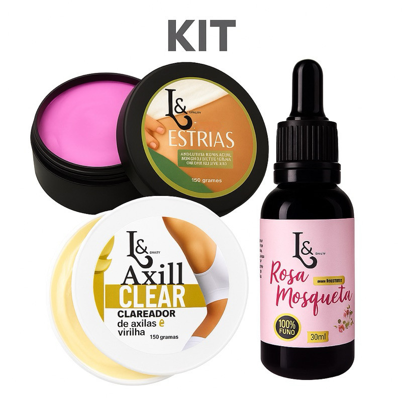 Kit Combo Clareador Axilas + Creme Redutor De Estrias + Óleo Rosa Mosqueta Puro L&Beauty