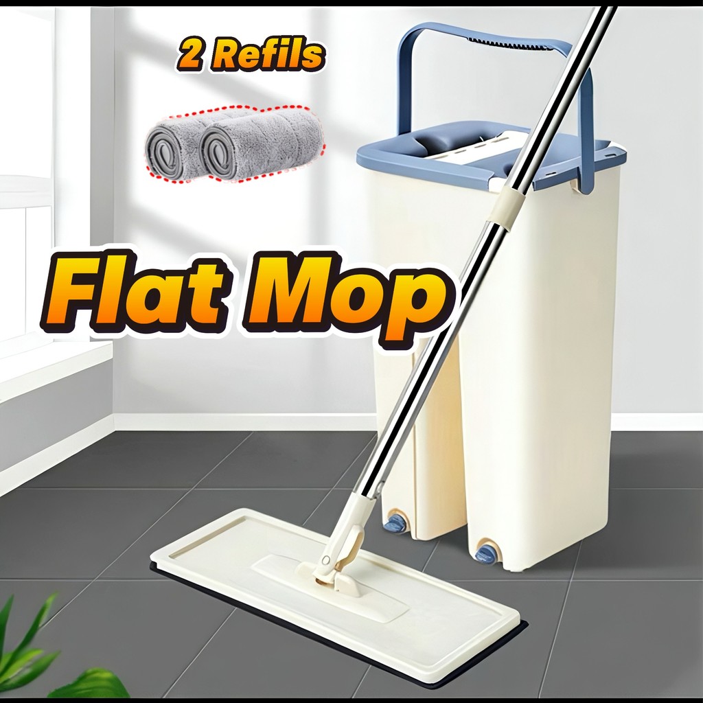 Esfregão Flat Mop com Balde Rodo 6L, Cabo Inox Extensível e 2 Refis Mágicos Giratórios