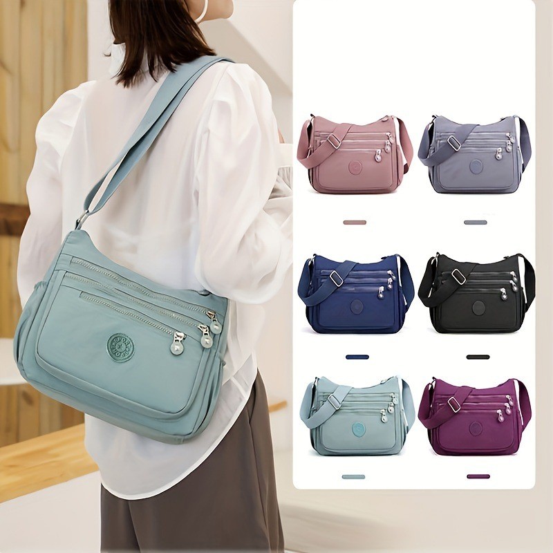 Bolsa Crossbody Feminina Bolsa De Ombro Impermeável De Nylon Multi-Zíper Bolsa De Ombro Anti-Roubo Com Vários Bolsos - M