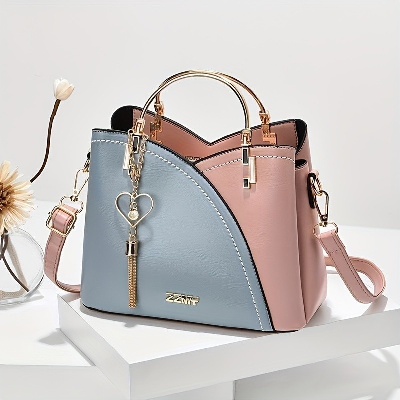Bolsa Tote Colorblock Simples Feminina de Ombro Clássica Elegante Moderna com Pingente de Borla Rajork