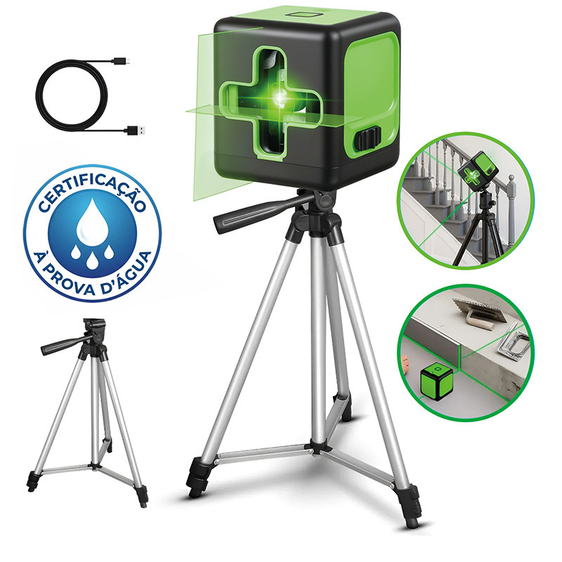 Mini Nível A Laser Verde 2 Linhas Esquadro + Suporte + Tripé Recarregavel Profissional Prumo 20m Autonivelante