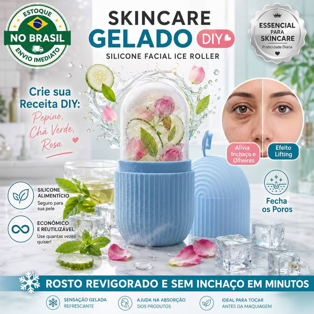 Rolo De Gelo Facial Silicone Massageador Rosto Alivia Inchaço Olheiras Fecha Poros Skincare Reutilizável Gelado DIY
