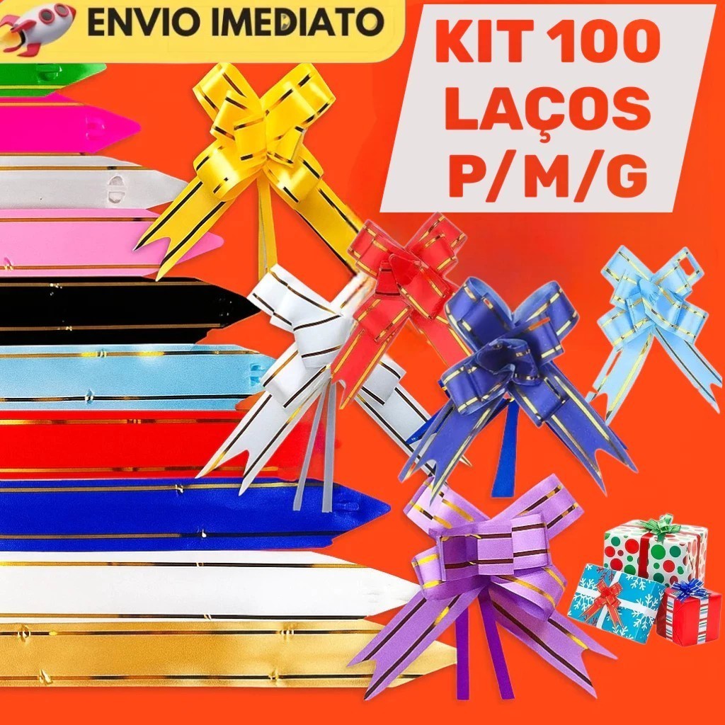100 Laços Fácil Mágico com Filetes Dourado P/M/G – Presente – Com Cores Variadas