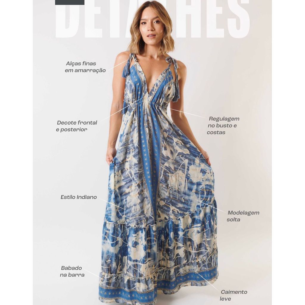 Vestido Longo Indiano Costa Nua estampado Elegante