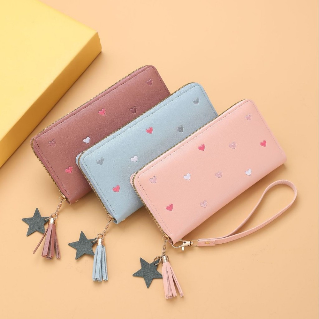 Carteira grande de couro feminina, com porta-cartões, tassel e bolsos elegantes, modelo 1004.