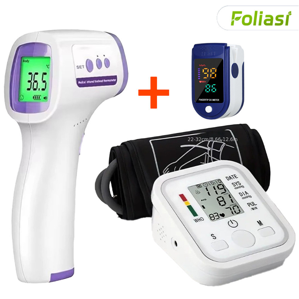 Kit 3-em-1 para Saúde: Monitor de Pressão, Termômetro a Laser e Oxímetro Portátil