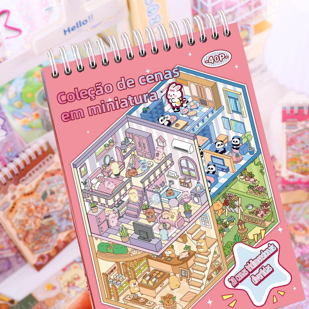 Caderno Adesivos Kawaii 40 Páginas, 20 Cenários 3D + 20 Adesivos PET, 4 Modelos , Presente Anti-Estresse Presente