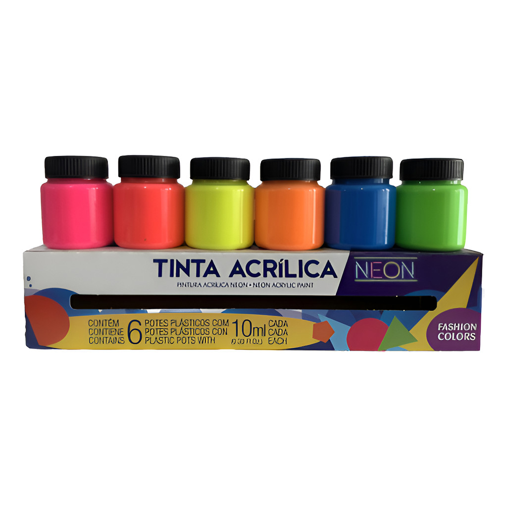 Conjunto 6 Cor Tinta Acrílica Neon Fluorescente 10ml Acrilex - 039060000