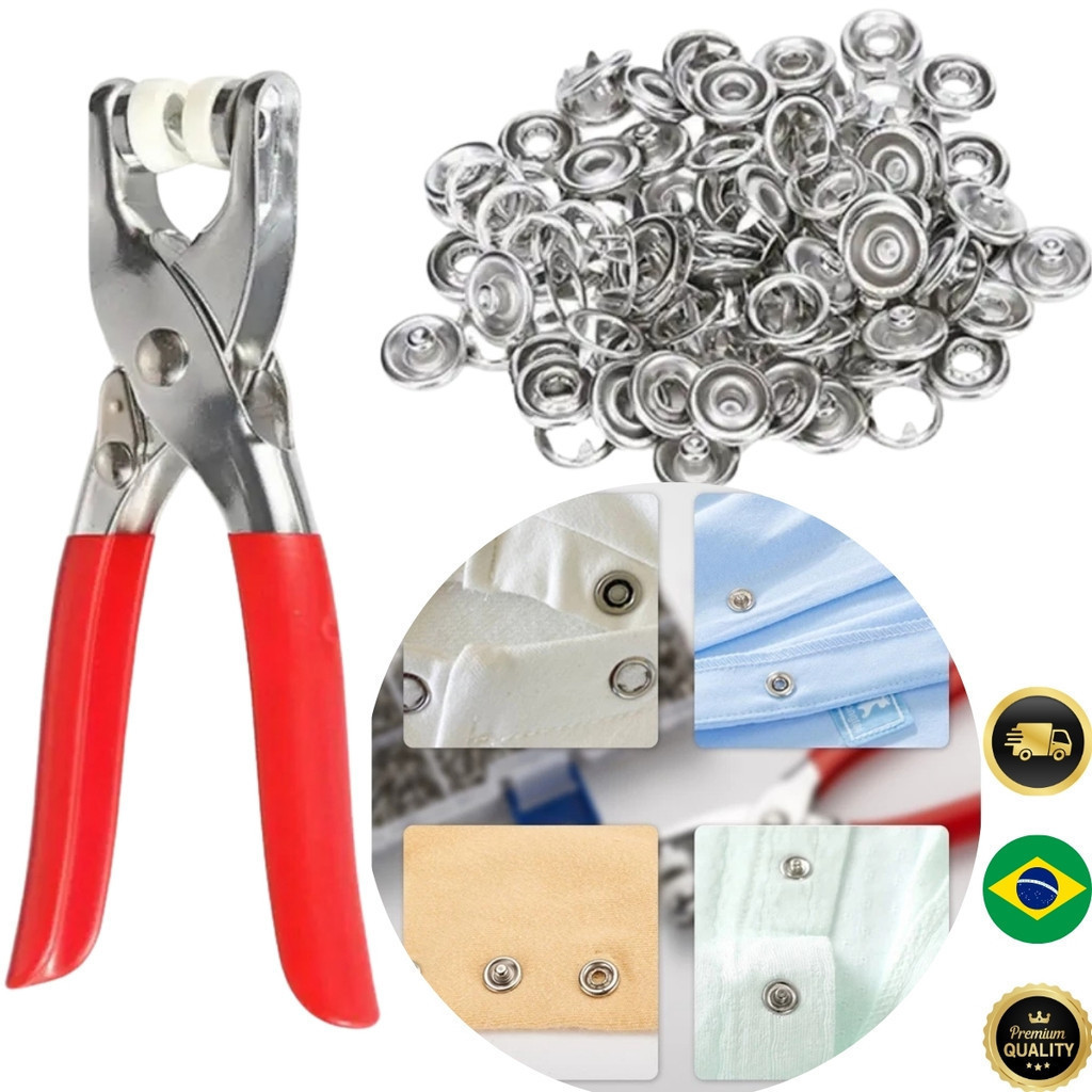 Alicate Aplicador de Botão de Pressão Metal | Kit Para Roupas, Roupas de Bebê, Artesanato e Costura + 100 Botões