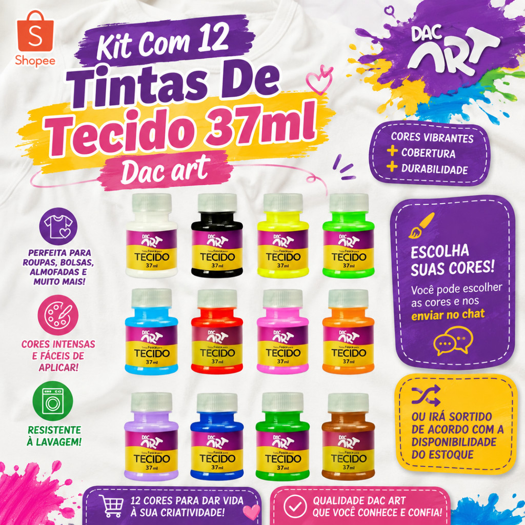 Kit Com 12 Tintas De Tecido Dac art - 37ml