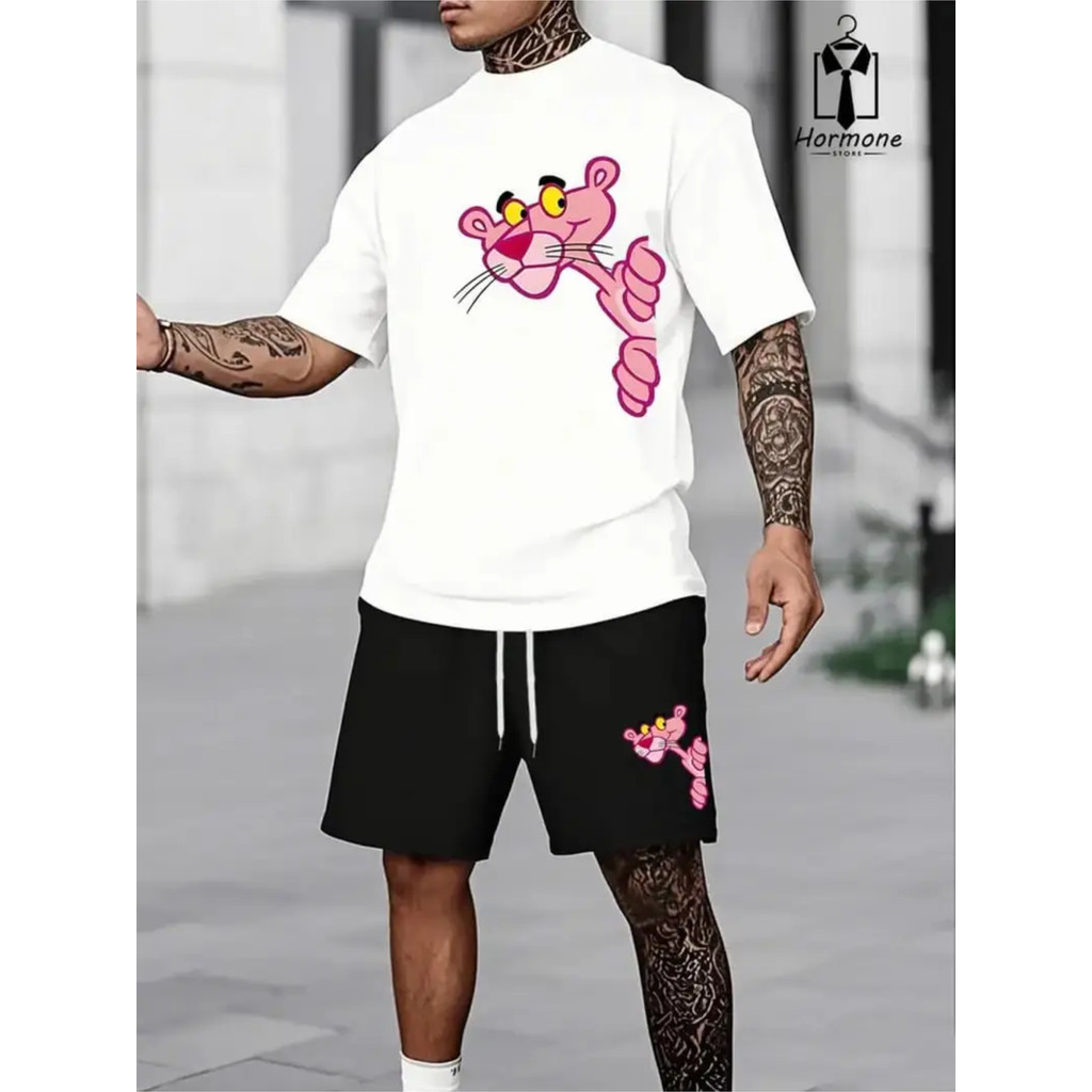 Conjunto Camiseta Camisa T-Shirt Pantera Cor De Rosa + Bermuda Short Moletom