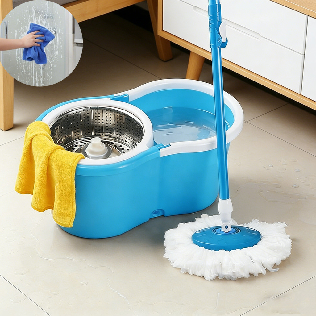 Esfregão Giratório Inox Balde Inoxidável Rápida Para Casa AzulEsfregão Giratório com Balde e Pano Limpeza