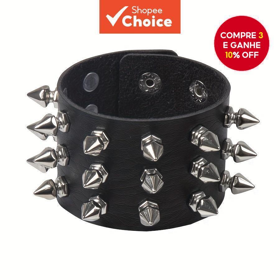 Pulseira de Couro com Espinhos Estilo Punk Gótico na Moda | Pulseira Ajustável Unissex para Hiphop e Festa