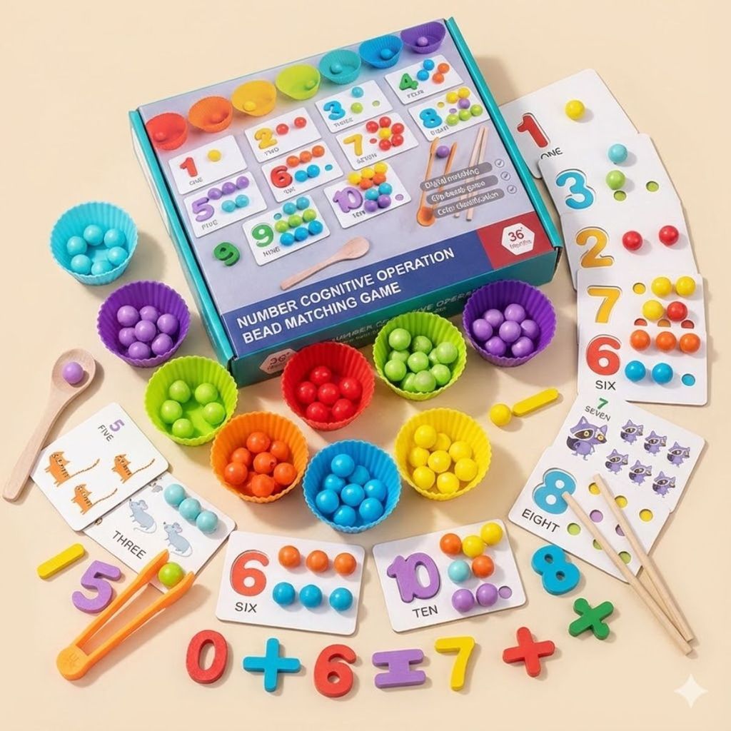 Jogo Educativo de Contar e Cores Montessori - Kit Matemática Madeira Coordenação Motora