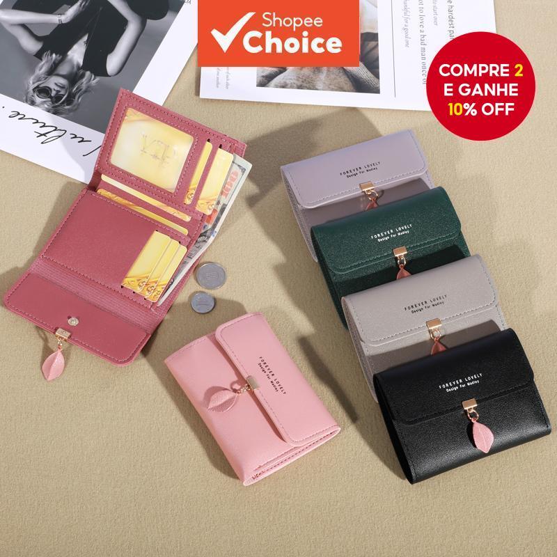 Nova moda pequena carteira feminina estilo curto versão coreana simples pequena folha fresca três vezes fivela moeda bol