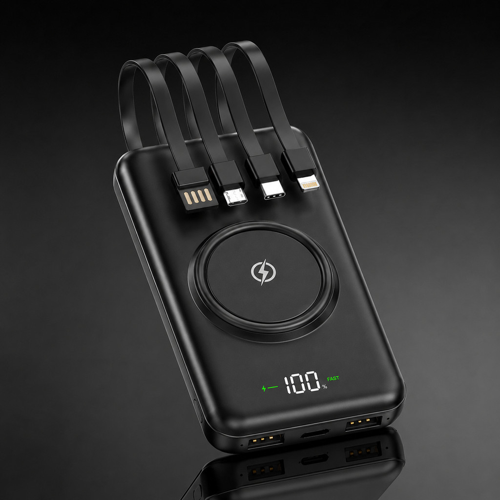 Power Bank Magnético Wireless 10000mAh com Cabos Embutidos e Display LED Digital – Carregamento Rápido Iphone Android