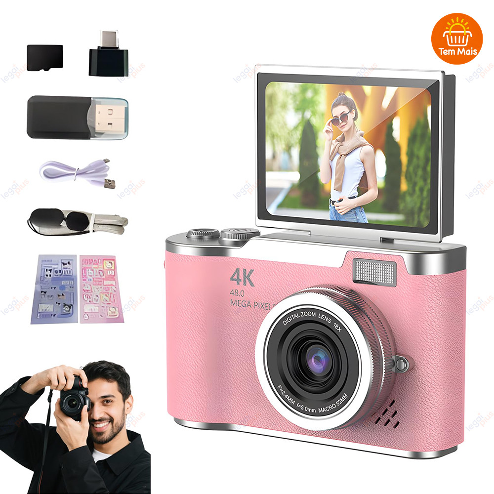 Câmera CCD Profissional 48MP Zoom 8x Gravação 4K Tela Flip para Selfies e Conteúdo Estudantil