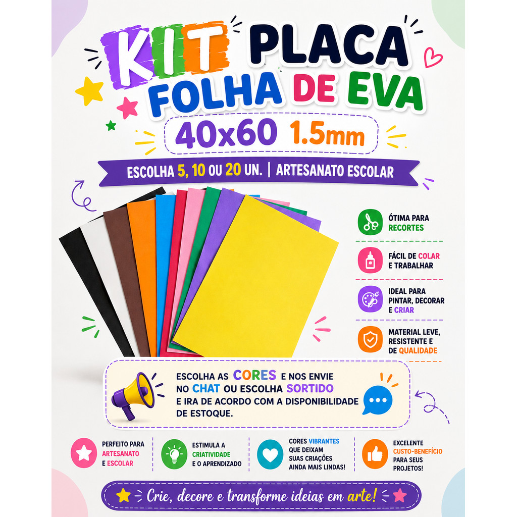 Kit Placa Folha De Eva 40x60 1.5mm | Escolha 5, 10 ou 20 Un. | Artesanato Escolar
