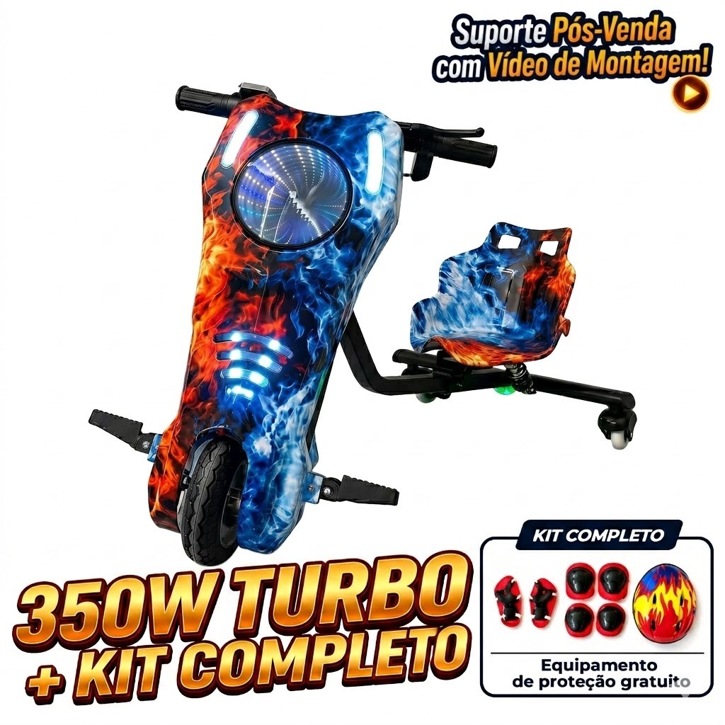 Triciclo Infantil Elétrico Drift 350W LED Bluetooth 3 Velocidades Kart Criança + Kit Proteção