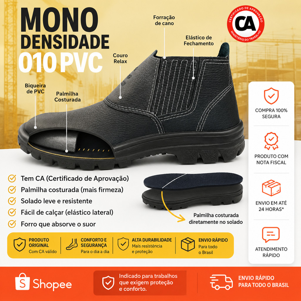 Bota Botina Segurança Masculina em Couro Macia Com CA 17137 Produto Original Ultra Leve Bico PVC