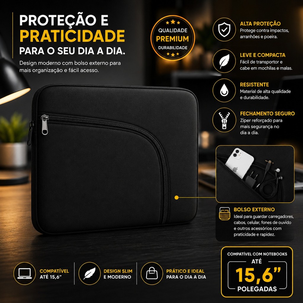 Capa Maleta Notebook Macbook 15,6' Polegadas Rígida Anti-Impacto Bolso Externo com Alça e Bolsa sem Bolso e sem Alça